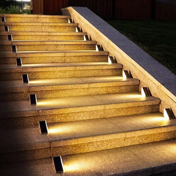 Solar LED step light for outdoor steps, path, patio with warm glow