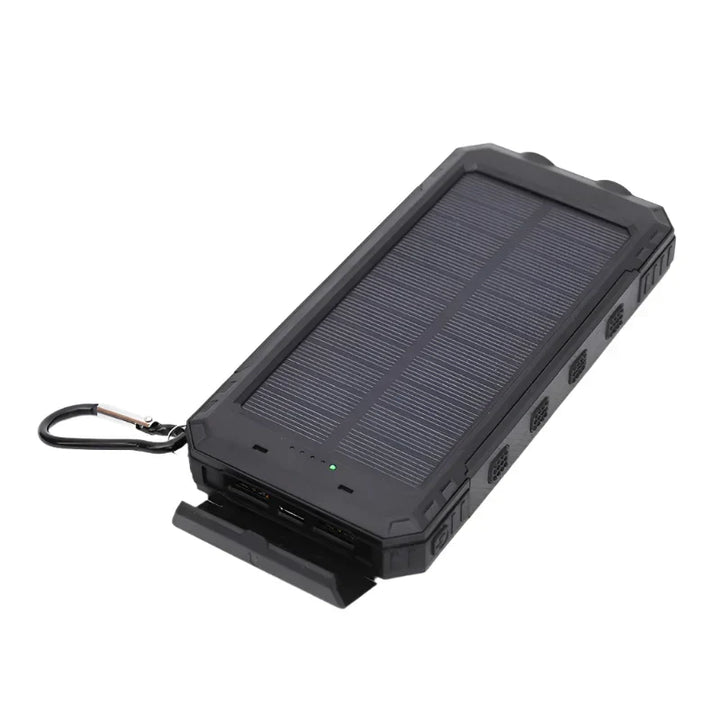 Solar power bank with integrated flashlight for outdoor emergency charging, perfect for camping & travel.