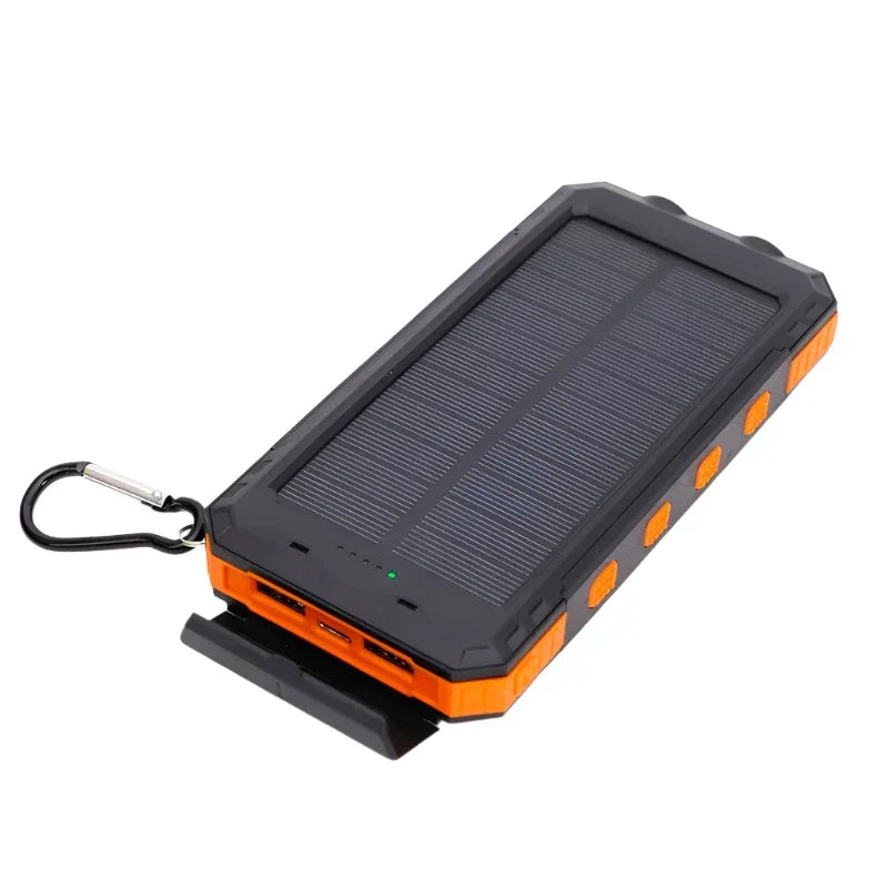 Reliable solar power bank with flashlight. Perfect portable charger for camping, travel & emergency smartphone power.