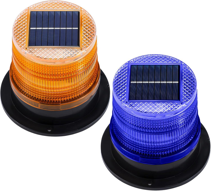 Solar-powered amber and blue LED strobe lights, magnetic for vehicles, offering waterproof emergency and hazard lighting.