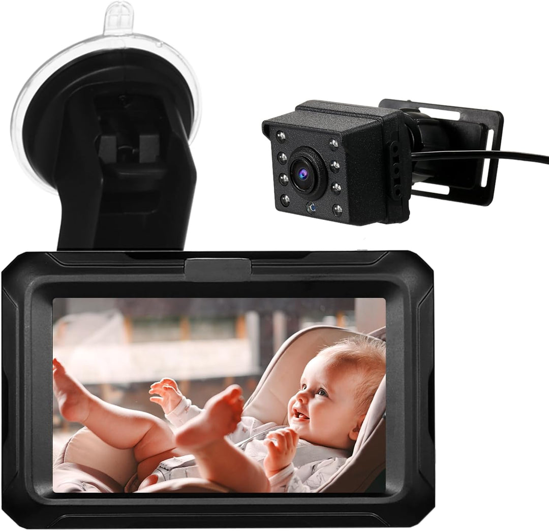 Solvian baby car camera with 4.3'' screen, 1080P, observing infant in rear-facing car seat.