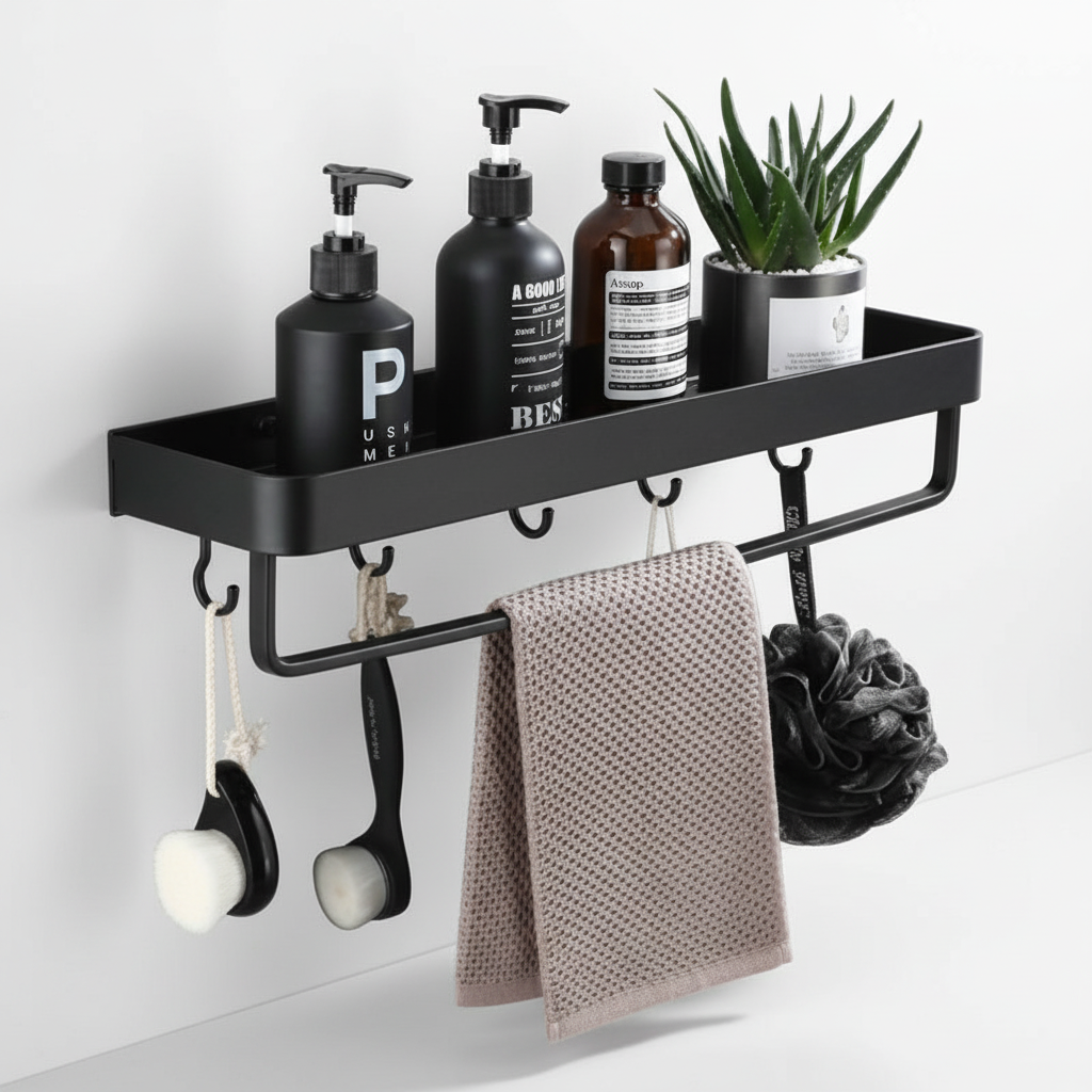 Close-up of SpaceGleam corner shower caddy, rustproof aluminum bathroom organizer for modern showers