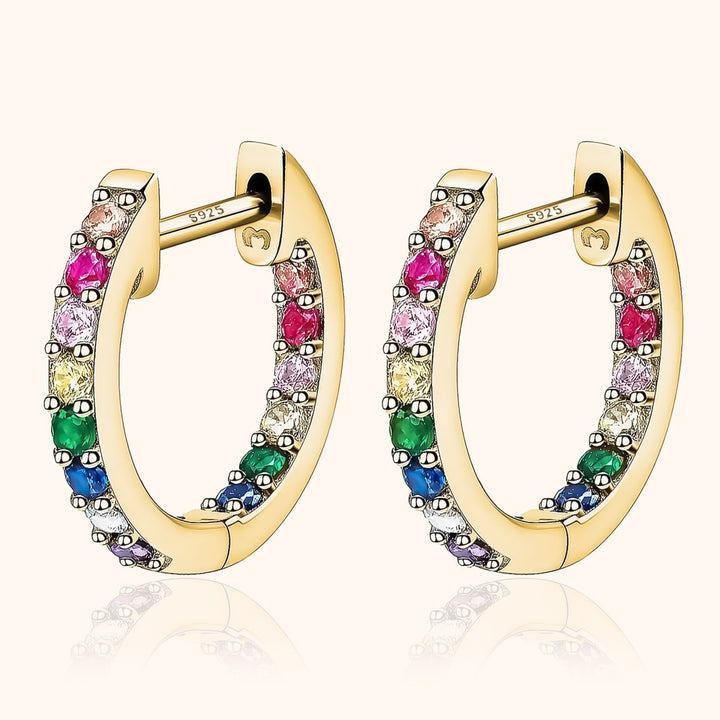 Colorful zirconia sparkling rainbow hoop earrings, women's sterling silver gold plated jewelry.