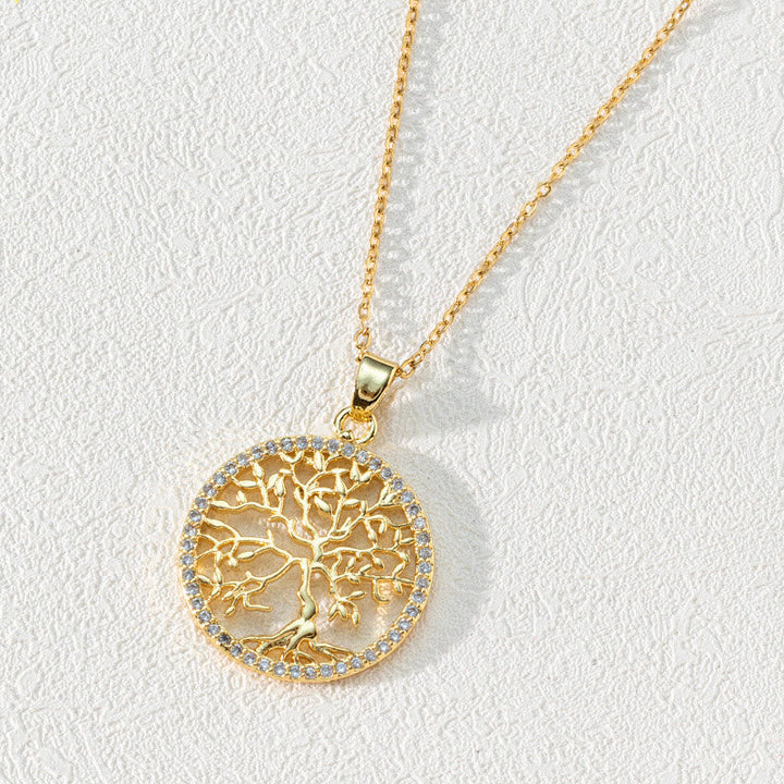 Sparkling zirconia Tree of Life necklace pendant in sterling silver, round design for women.