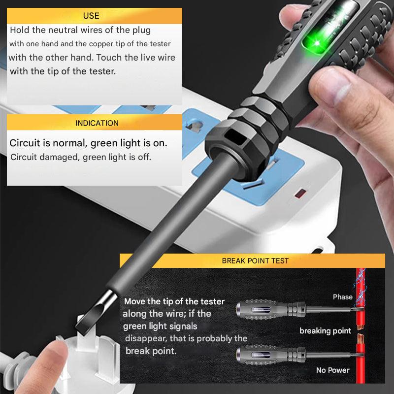 Close-up of SparkPro voltage detector tip, showing non-contact AC current testing feature for electrical safety.
