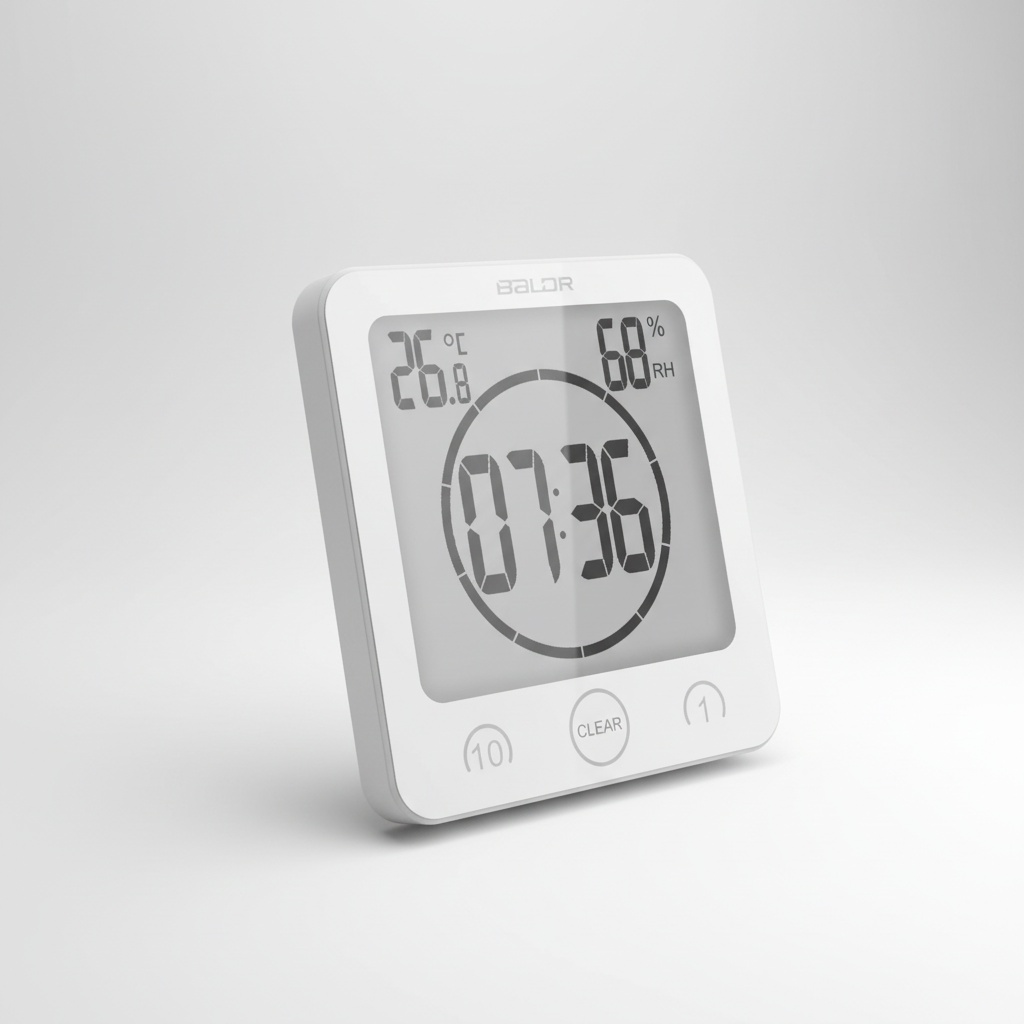 White digital shower timer with suction cup, SplashClock brand, mounted on a tiled wall