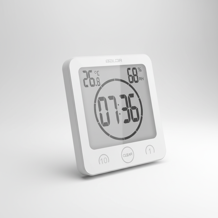 White digital shower timer with suction cup, SplashClock brand, mounted on a tiled wall