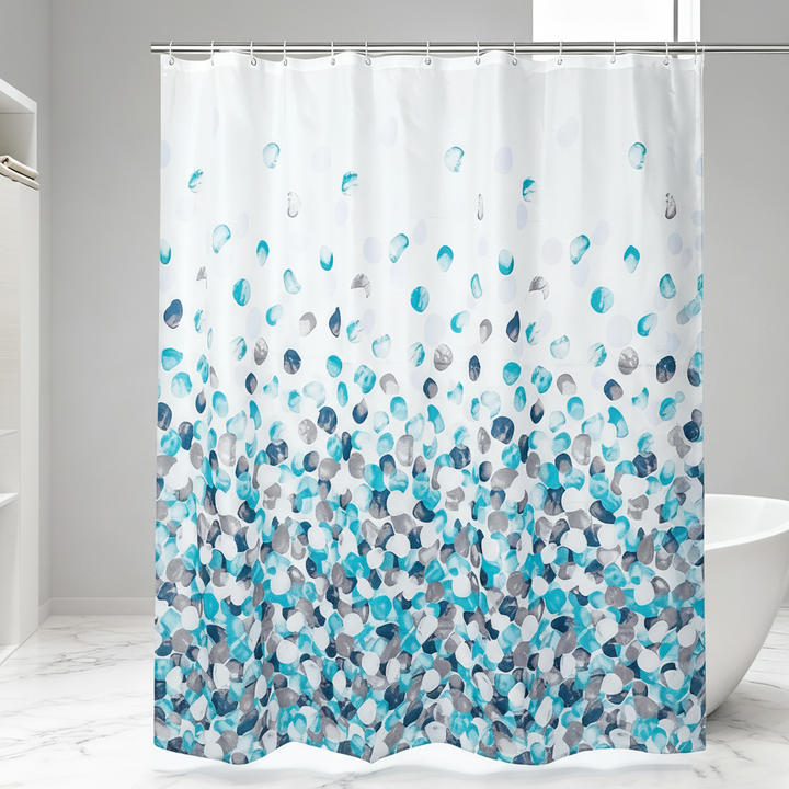 SplashDot unisex fabric shower curtain with plastic hooks, water repellent polyester, full view