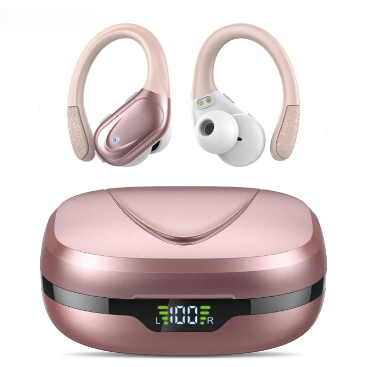 Waterproof sport earbuds with LED charging case, ideal for running, hiking, and active lifestyles