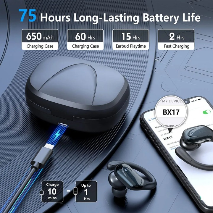 Ergonomic sport earbuds with powerful bass and LED display charging case, 75 hours playback