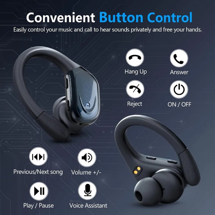 Black sport earbuds with clear stereo sound, a microphone, and an impressive 75-hour battery life