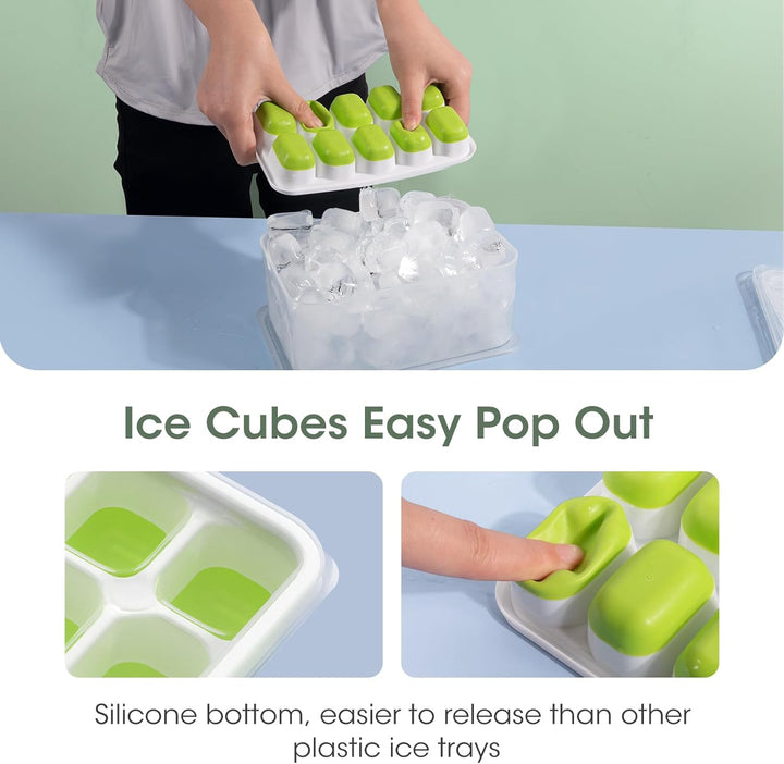 Home barware set featuring flexible silicone ice molds, a stackable design, and storage container.