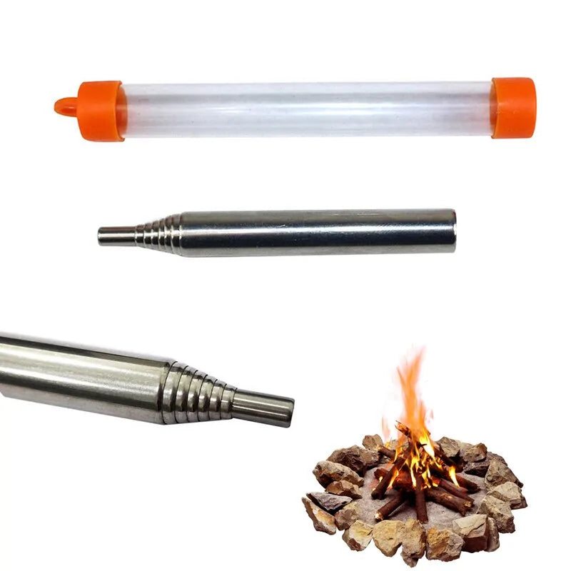 Stainless steel survival fire starter blowpipe, perfect for outdoor camping & barbecue cooking.