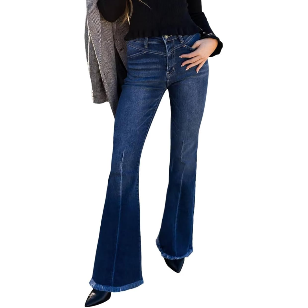 Stella high-waisted flared jeans, showcasing the elegant bell bottom and stretch denim