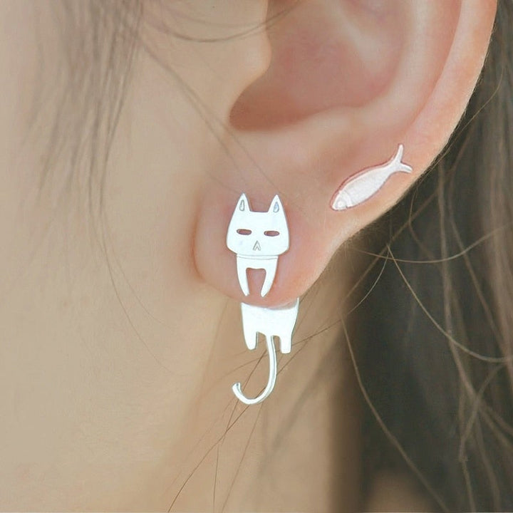 Luna sterling silver climbing cat earrings. Playful women's jewelry, unique animal lover gift for feline fans.