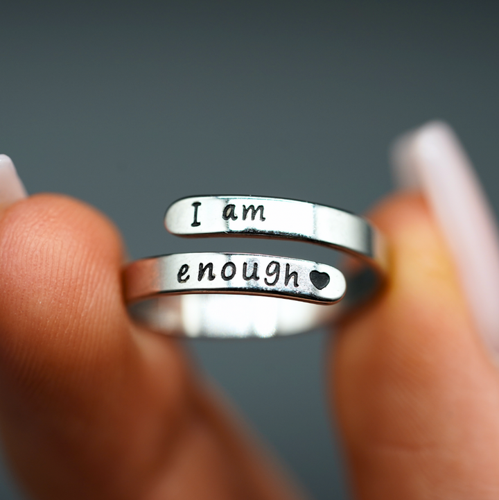 Sterling silver women's 'I Am Enough' ring. Self-love & empowerment jewelry, ideal affirmation gift for mental health.