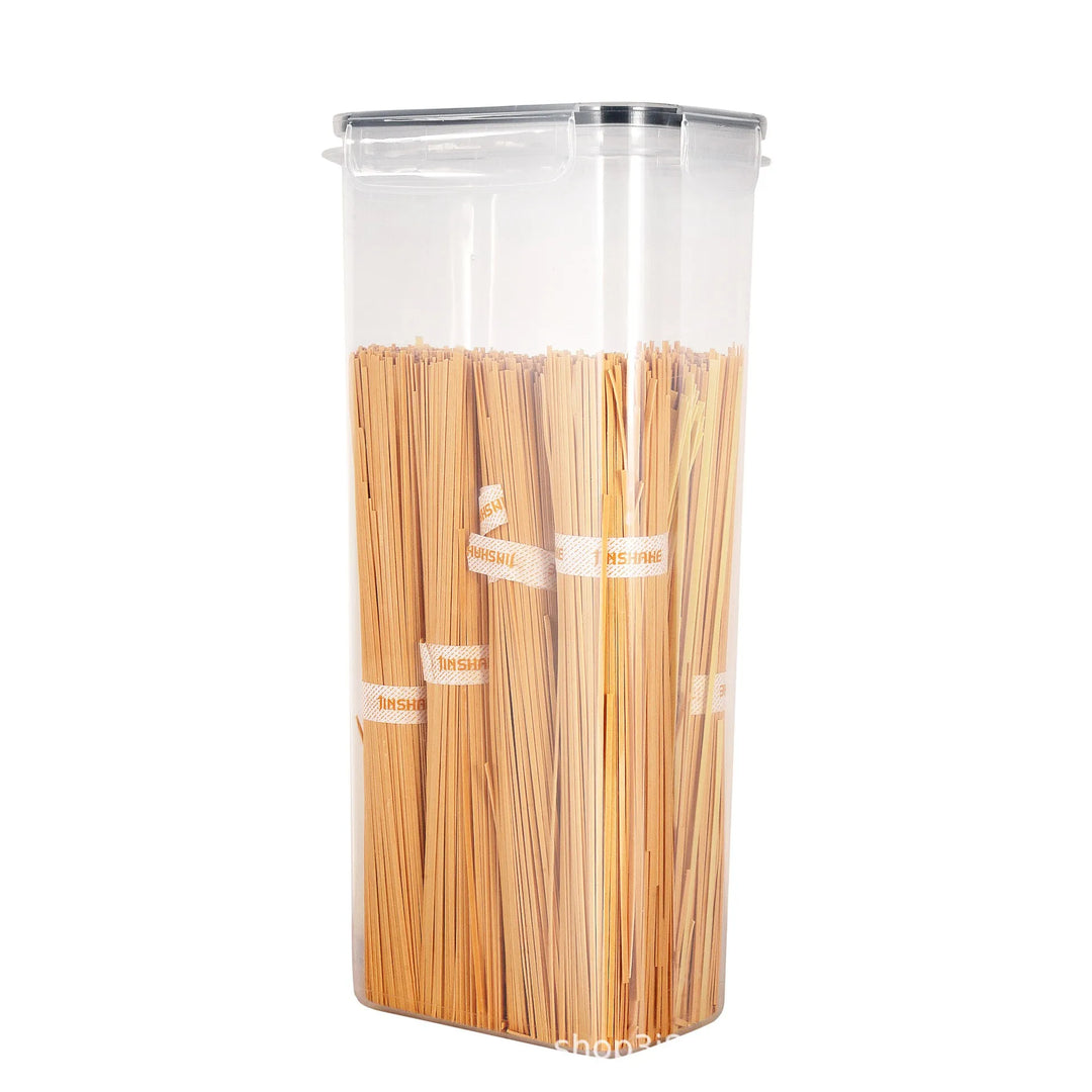 Stackable StoreMate kitchen food storage containers with airtight seals, includes labels for pantry