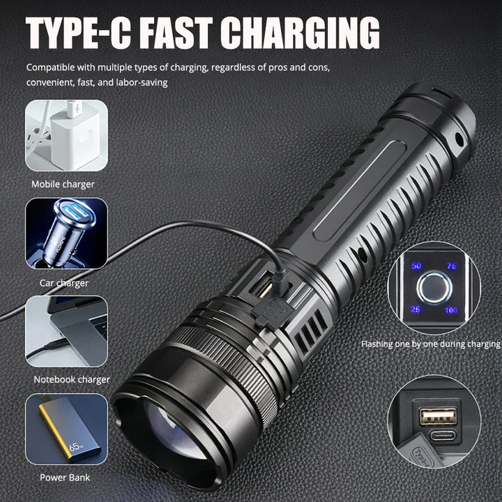 Waterproof Striker 10000 lumen LED torch with power bank function, essential outdoor gear