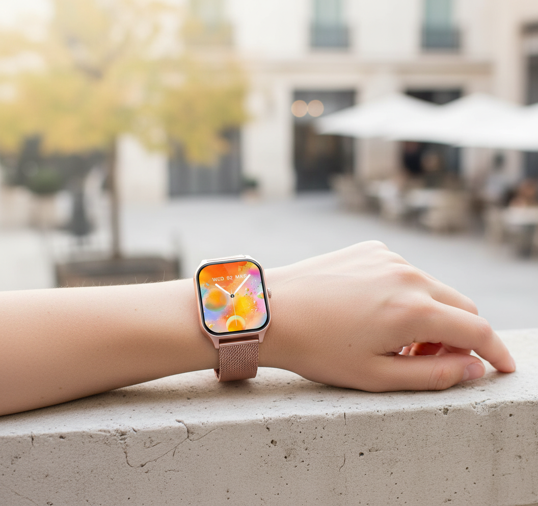 StyleTrack unisex smartwatch with fitness tracker, call notifications and black strap, front view.