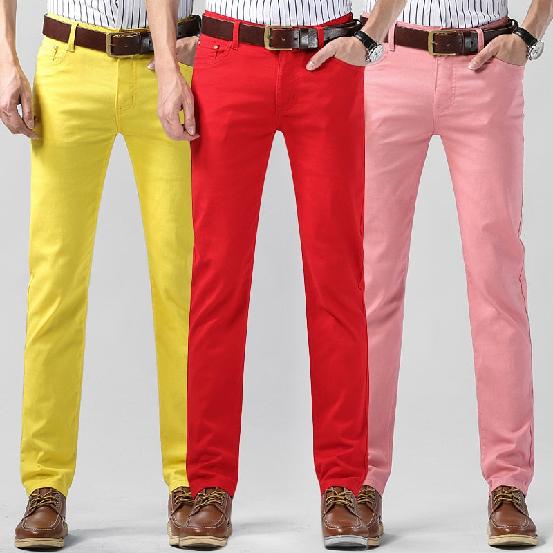 Stylish men's colored chino pants, versatile cotton blend trousers, perfect for all seasons & casual wear.
