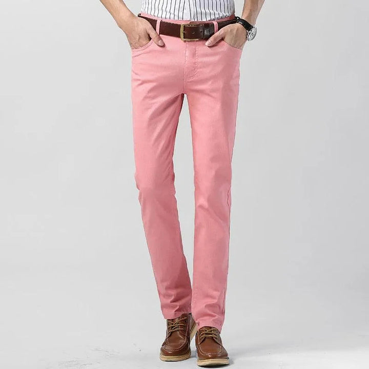 Casual men's yellow chino pants, versatile for all seasons, soft cotton blend regular fit.