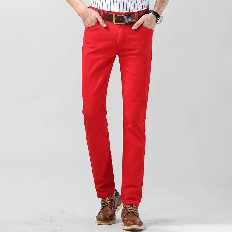 Comfortable men's colored chino pants, cotton blend stretch fabric, versatile for any season & style.