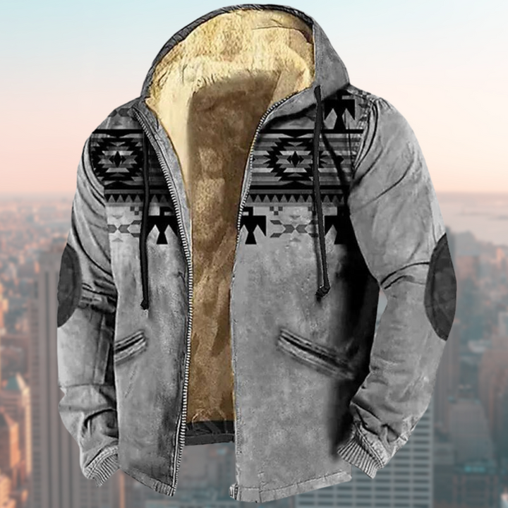 Stylish men's hooded tribal print jacket. Durable outerwear for outdoor adventures and fall fashion.