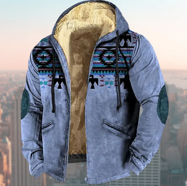 Casual men's hooded jacket with unique tribal print. Stylish, durable outerwear for outdoor activities & fall.