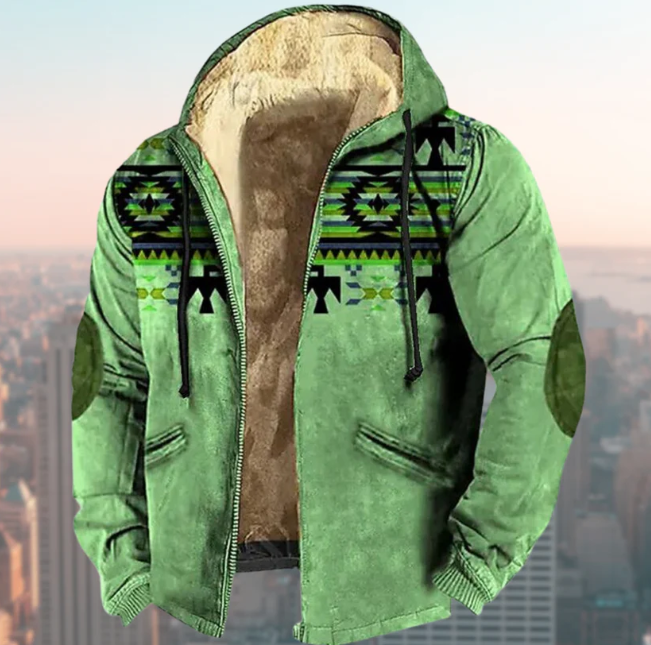 Men's durable outdoor jacket, hooded, featuring a bold tribal print. Ideal for fall fashion and winter.