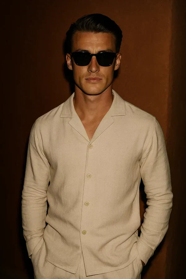 Men's lightweight linen blend shirt, button-up with elegant concealed placket. Versatile for holidays & casual.