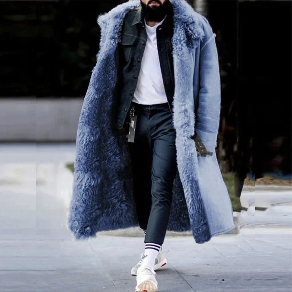 Stylish men's long winter warm coat, perfect for cold weather comfort and modern men's fashion.