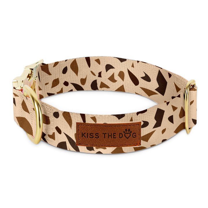 GoldenTerra dog collar featuring a modern terrazzo design, strong polyester webbing & luxurious golden accents.