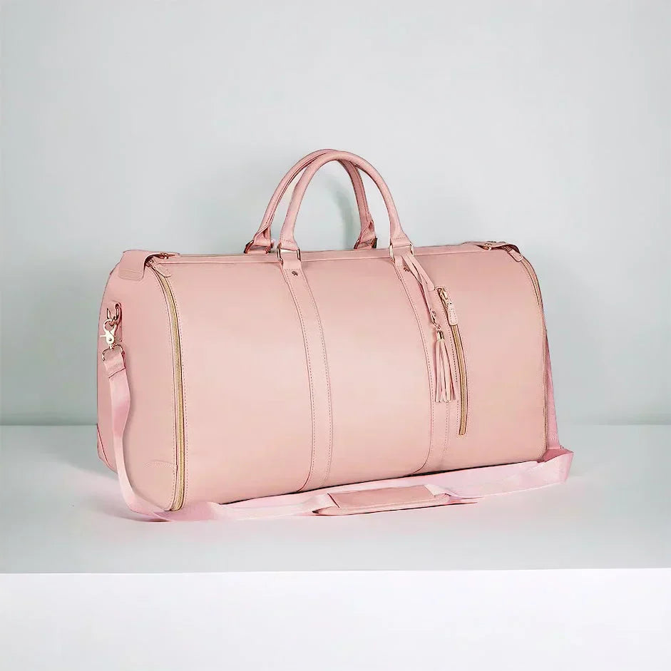 Luxe vegan leather travel bag for women, a stylish carry-on duffel & garment bag combo perfect for weekend trips.