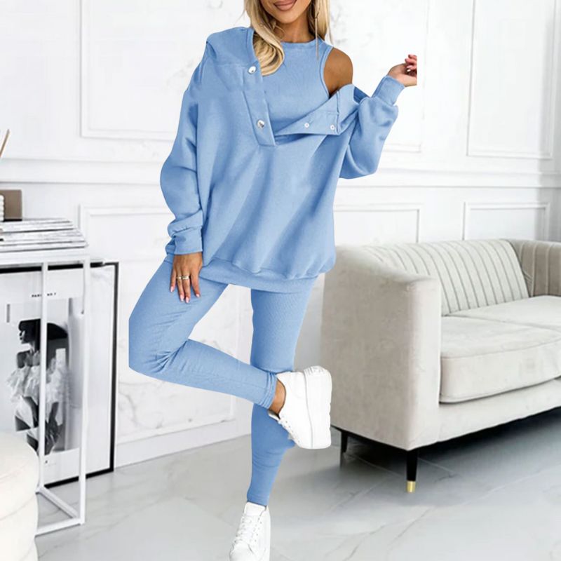 Elena women's 3-piece cozy lounge set, a comfortable & stylish solution for trendy casual wear & relaxation.