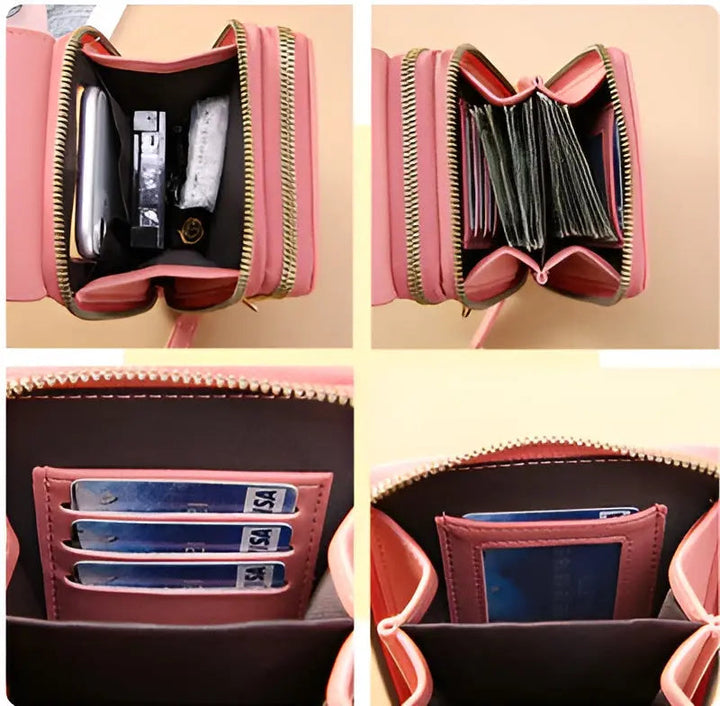 Stylish woman with anti-theft leather everyday bag & RFID, perfect for daily security.