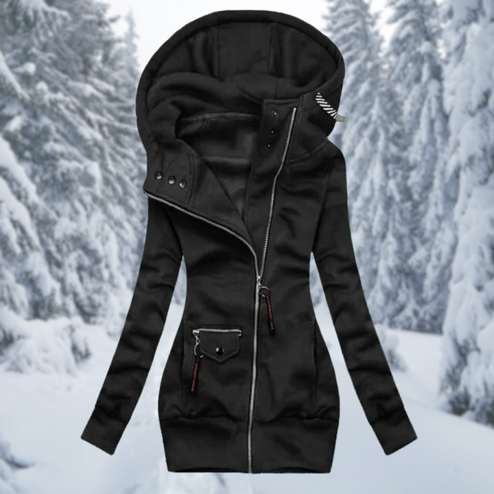 Stylish women's Aurora waterproof mid-length transitional jacket with hood, perfect for spring, fall, and rainy weather.