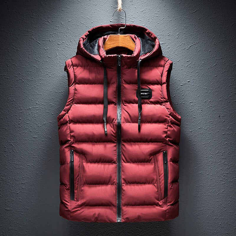 Warm women's red hooded padded vest, an essential autumn fashion layering piece for outdoor comfort.