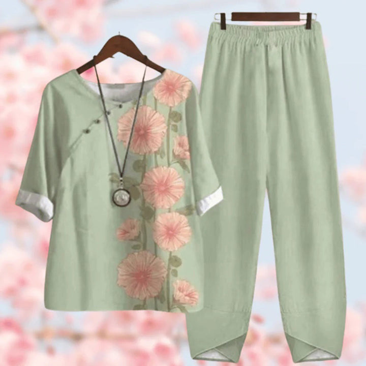 Model wearing a comfortable women's two-piece summer outfit set, perfect for breezy summer days.