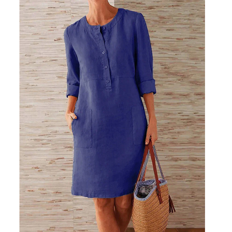 Stylish women's casual dress with pockets, round neckline, and long sleeves. Perfect knee-length summer fashion.