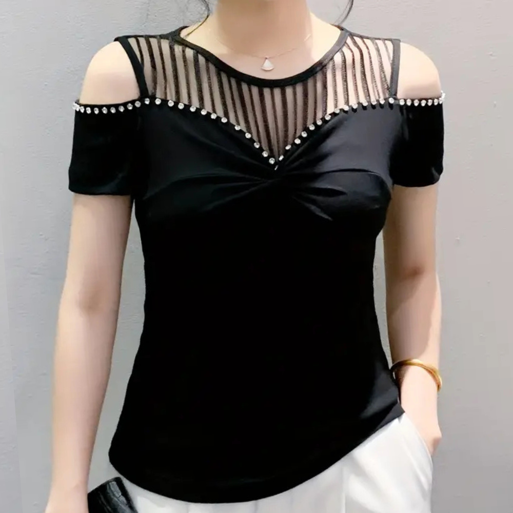 Elegant red cold-shoulder blouse for women. Comfortable & stylish, perfect for a chic casual look.