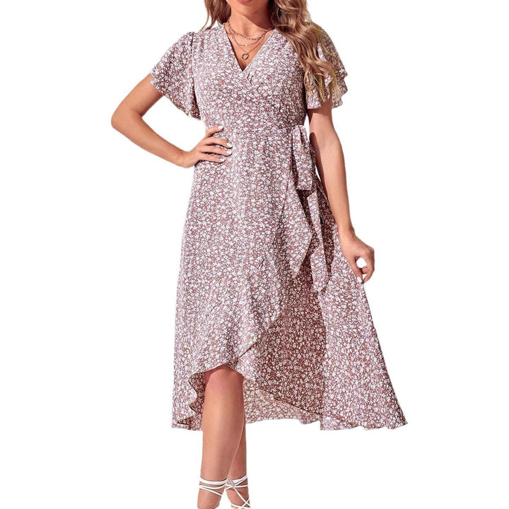 Elegant women's floral wrap dress with a ruffled V-neck. This knee-length summer dress is lightweight and perfect for casual outings.