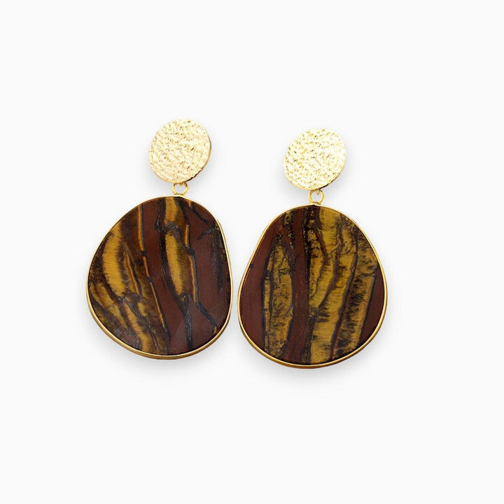 Handmade women's earrings featuring vibrant lapis lazuli and tiger eye stones. Natural gemstone, stylish protection jewelry.