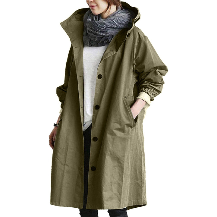 Stylish women's long waterproof raincoat, perfect trendy outerwear for staying dry and fashionable in all weather.