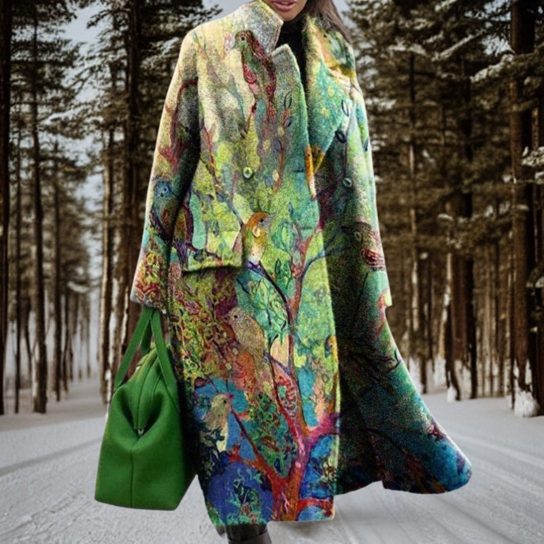Chic women's long winter coat, cozy and warm, ideal outerwear for elegant style & seasonal cold weather comfort.