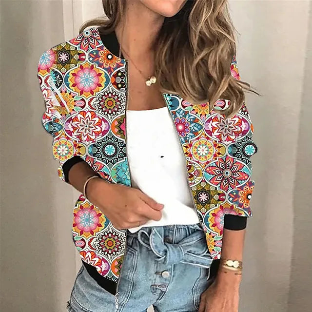 Versatile women's printed zipper jacket. Ideal for streetwear or casual spring/autumn outfits.