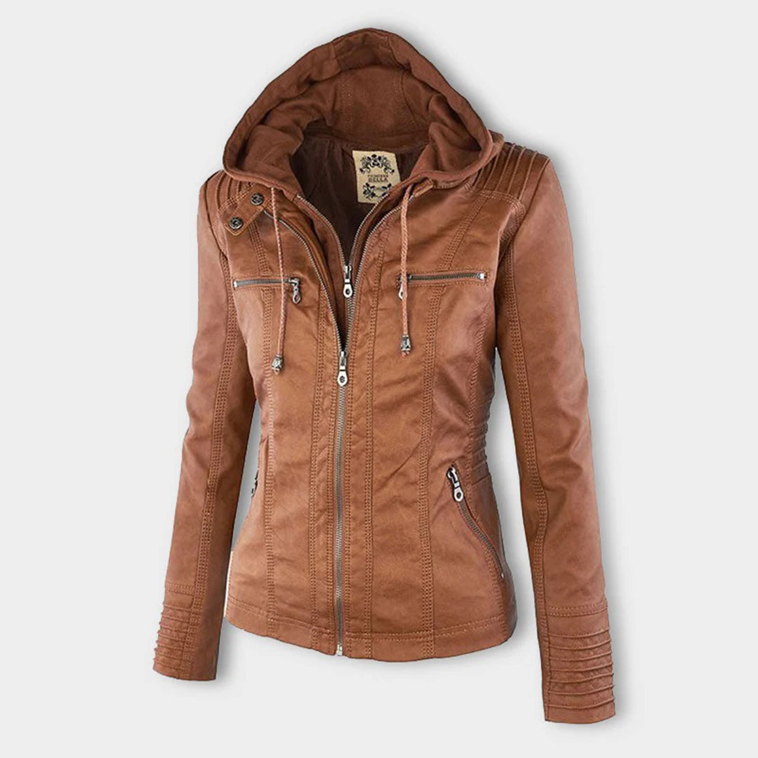Lightweight faux leather women's jacket. Chic design with a detachable hood, ideal for summer casual wear.
