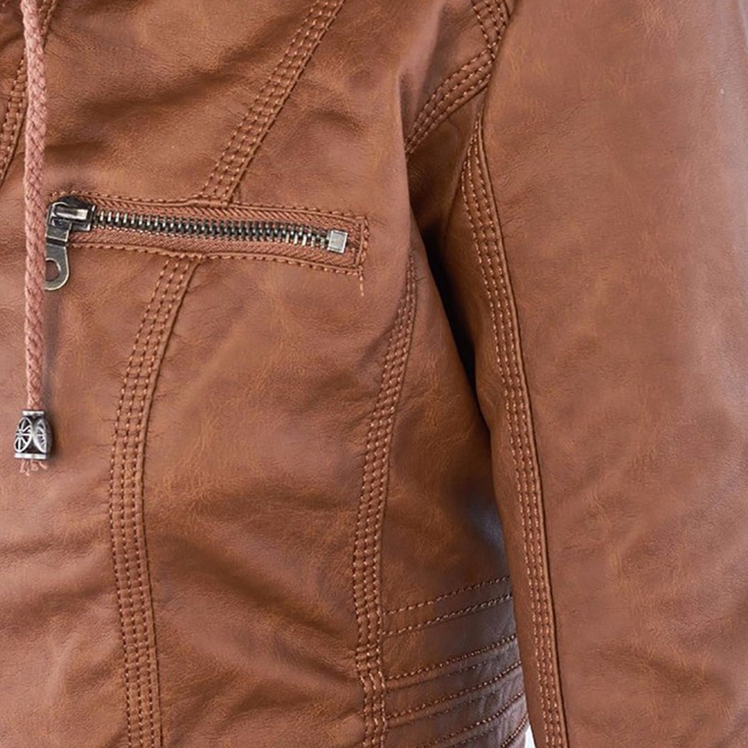 Women's chic summer outerwear, a lightweight leather jacket featuring a convenient detachable hood.