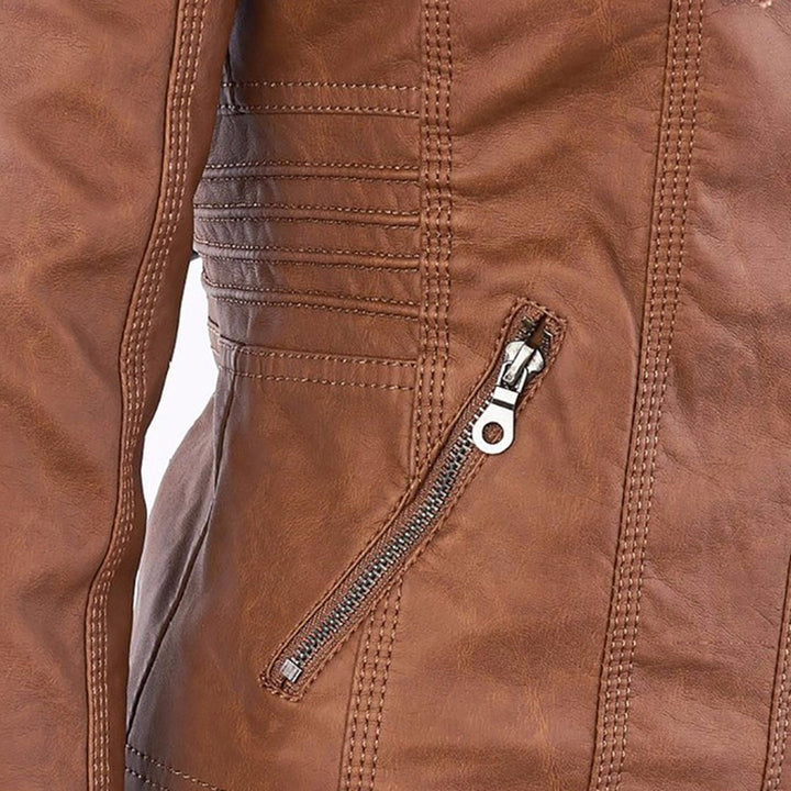 Trendy women's faux leather summer jacket with detachable hood. A versatile piece for stylish casual outfits.