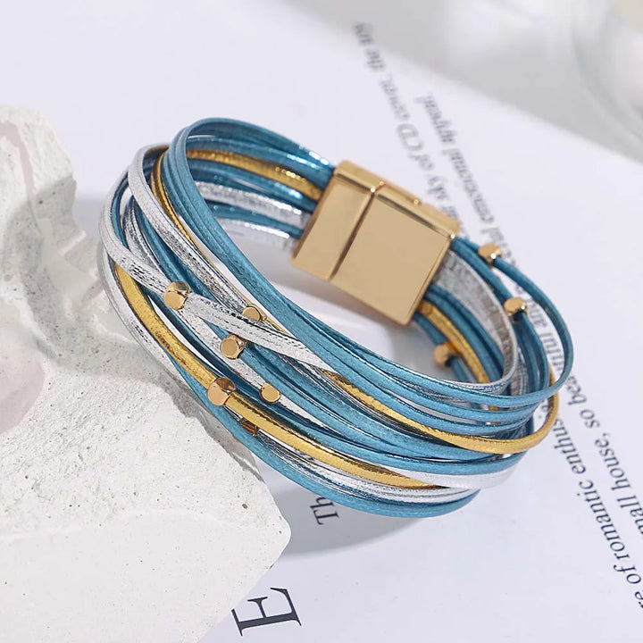 Adjustable tri-color multi-layer wrap bracelet for women, perfect stylish jewelry with magnetic clasp.