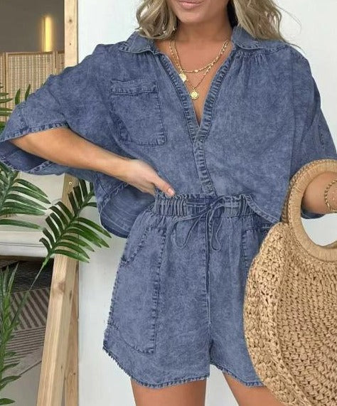 Effortless women's summer two-piece outfit, perfect for vacation. Trendy short sleeve top & comfortable casual wear.